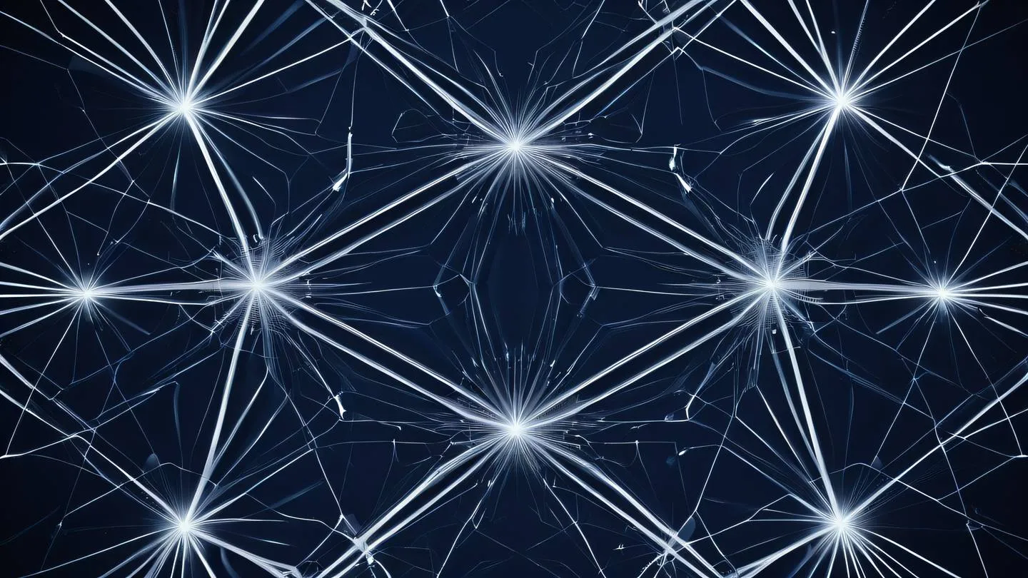 A modern abstract geometric pattern resembling network connections and data flow featuring metallic silver and bright white interconnected lines against a navy blue background captured from a top-down perspective high-quality ultra-realistic cinematic 8K UHD high resolution sharp and detail