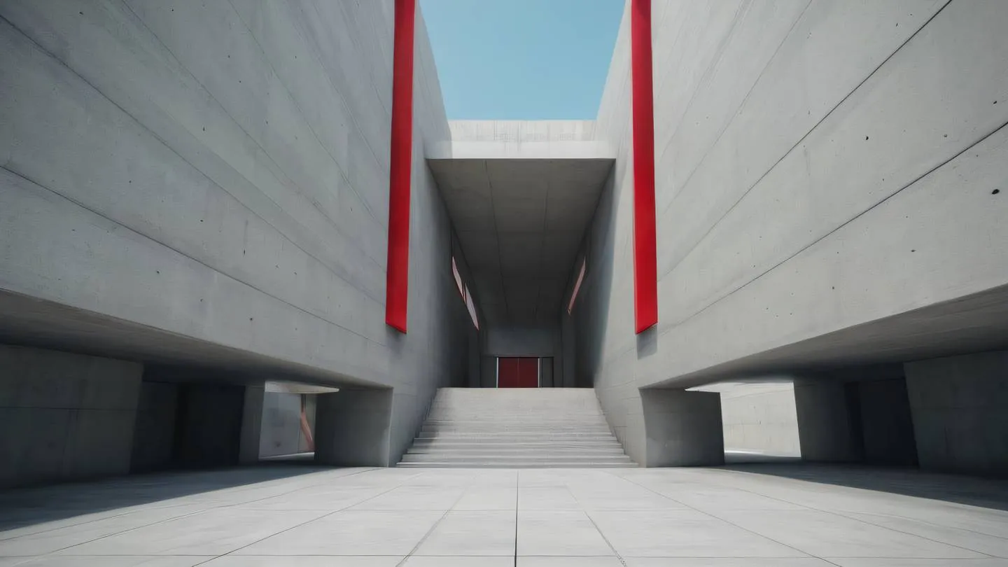 Modern concrete architecture with clean lines and geometric patterns featuring bright red accents against pale concrete surfaces shot from a low angle perspective high-quality ultra-realistic cinematic 8K UHD high resolution sharp and detail