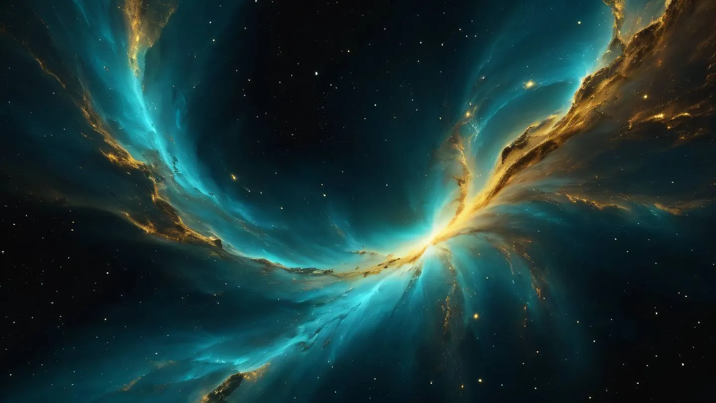 A flowing abstract nebula shape with bright cyan and metallic gold colors swirling together against a deep black background captured from a wide-angle perspective high-quality ultra-realistic cinematic 8K UHD high resolution sharp and detail