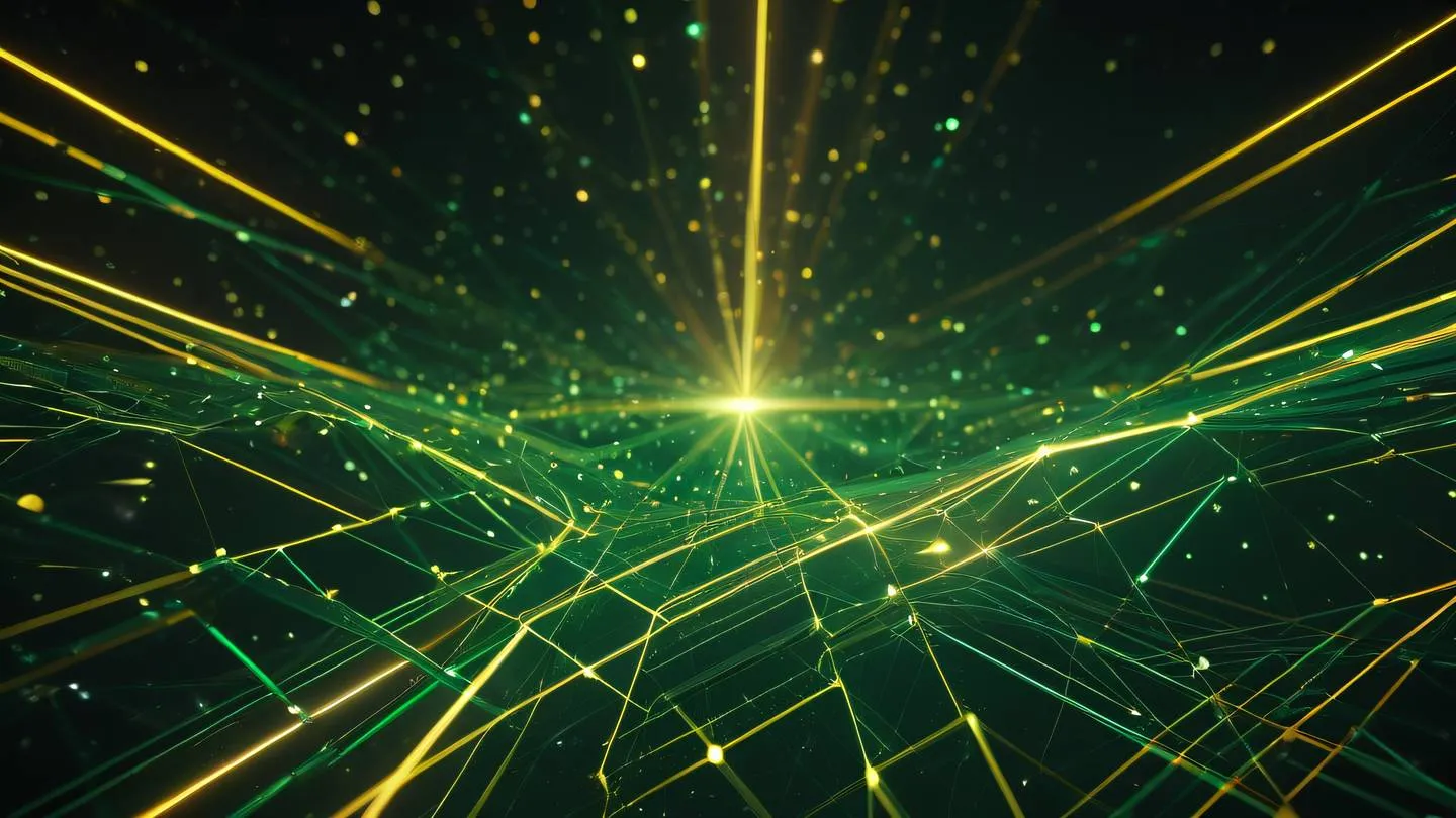 Abstract geometric network nodes connecting with bright golden light beams floating in space emerald green base with warm yellow accent colors shot from a low angle perspective showing depth high-quality ultra-realistic cinematic 8K UHD high resolution sharp and detail