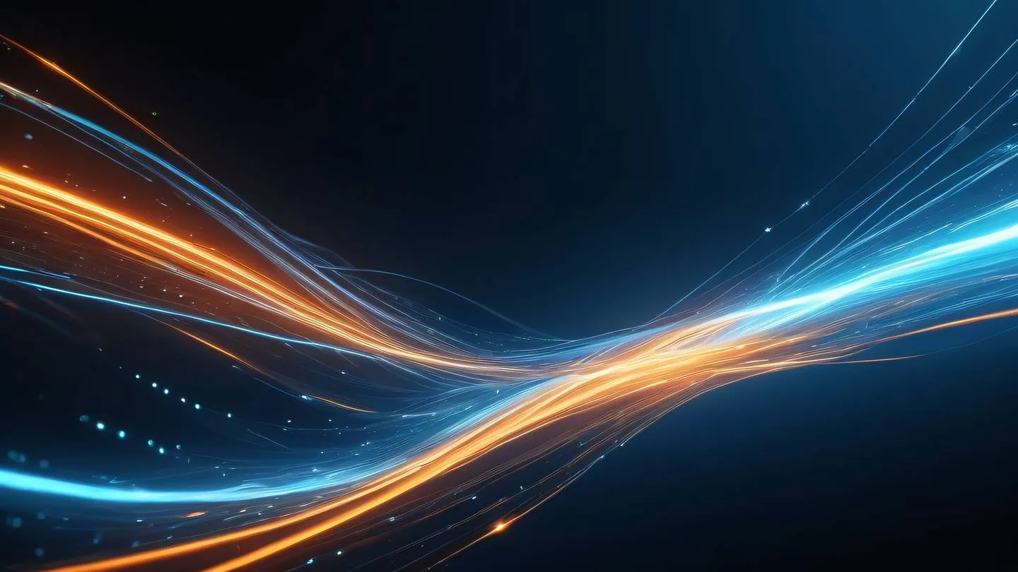 Futuristic abstract data visualization with flowing orange and ice blue energy streams featuring bright white accent lights against a deep azure background photographed from a dynamic side angle high-quality ultra-realistic cinematic 8K UHD high resolution sharp and detail