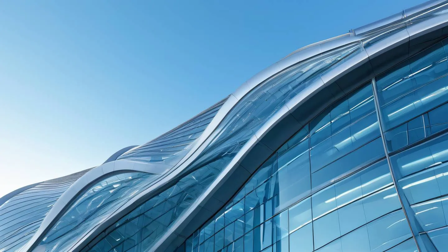 A modern abstract architectural structure with flowing curves and glass panels dominated by bright azure blue and gleaming metallic silver photographed from a low upward angle against a clear sky high-quality ultra-realistic cinematic 8K UHD high resolution sharp and detail