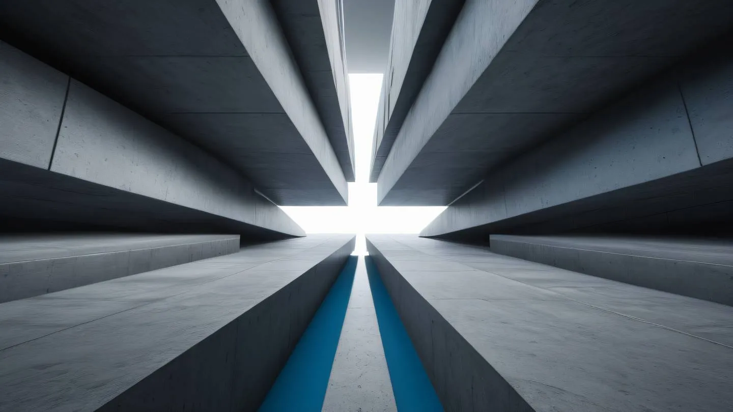 Geometric abstract composition with intersecting planes and light beams featuring stone blue concrete gray and deep black colors captured from a straight-on perspective with strong directional lighting high-quality ultra-realistic cinematic 8K UHD high resolution sharp and detail