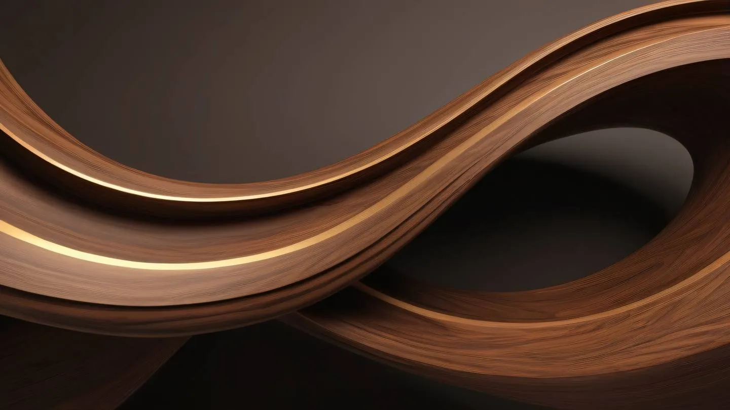 Elegant flowing curves of walnut and iron materials intertwined in an abstract form with warm umber highlights photographed from a diagonal elevated angle high-quality ultra-realistic cinematic 8K UHD high resolution sharp and detail