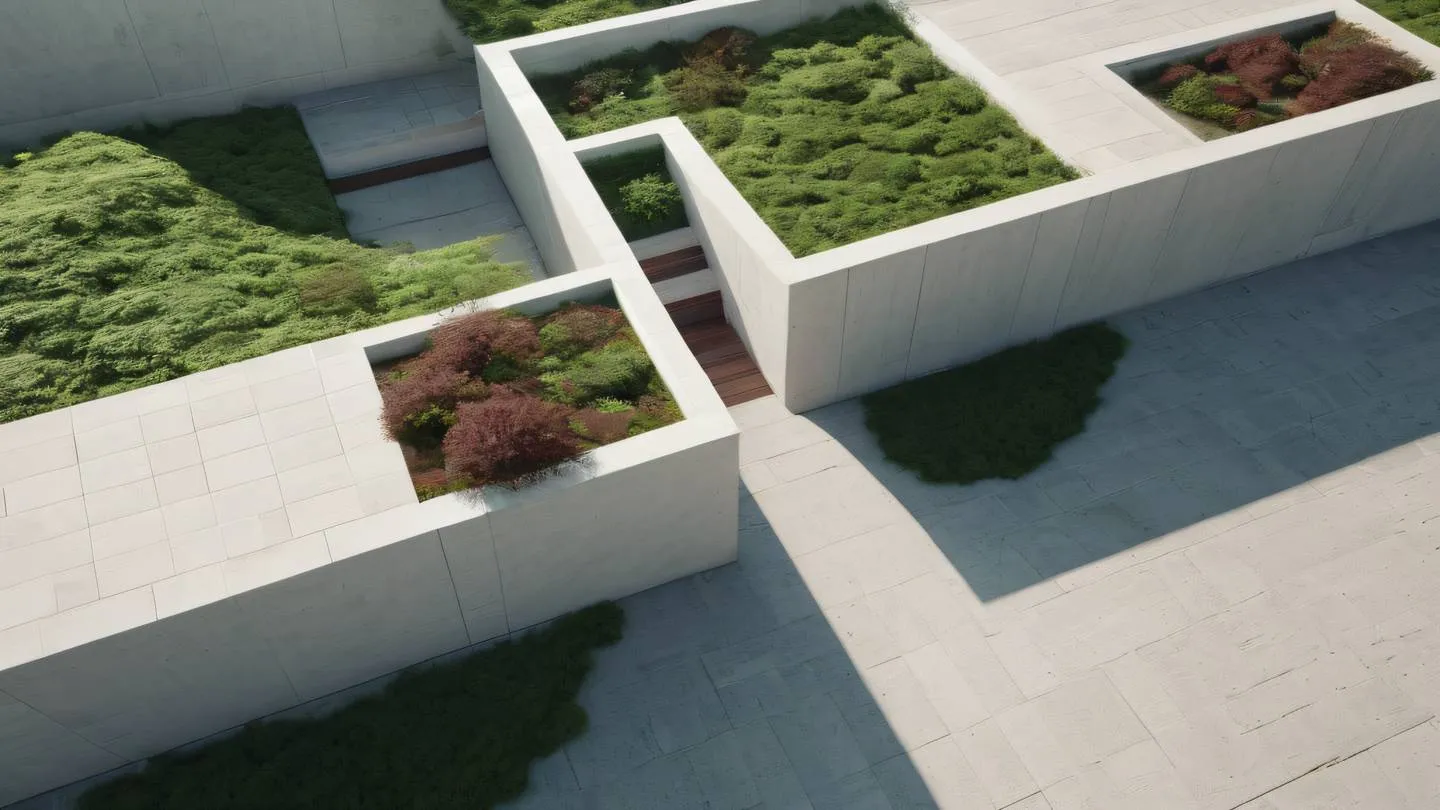 Minimalist architectural installation with clean lines and geometric shapes featuring bright seaweed green and maroon accents against light stone surfaces viewed from a bird's eye perspective high-quality ultra-realistic cinematic 8K UHD high resolution sharp and detail