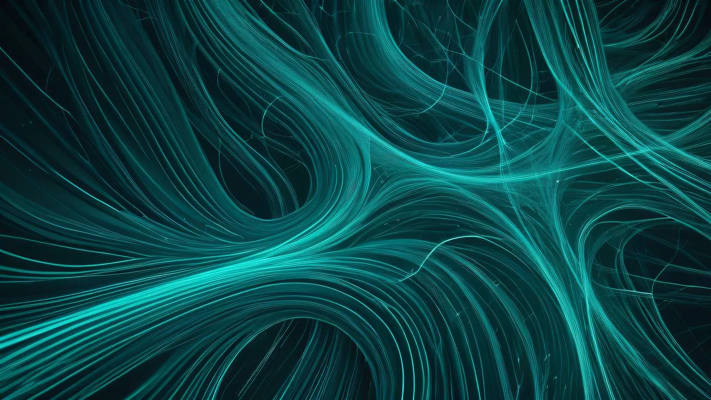 Abstract flowing lines representing network connectivity with interweaving curved paths showing repeated attempts and connections - captured from top-down view high-quality ultra-realistic cinematic 8K UHD high resolution sharp and detail gem colors with turquoise and emerald tones