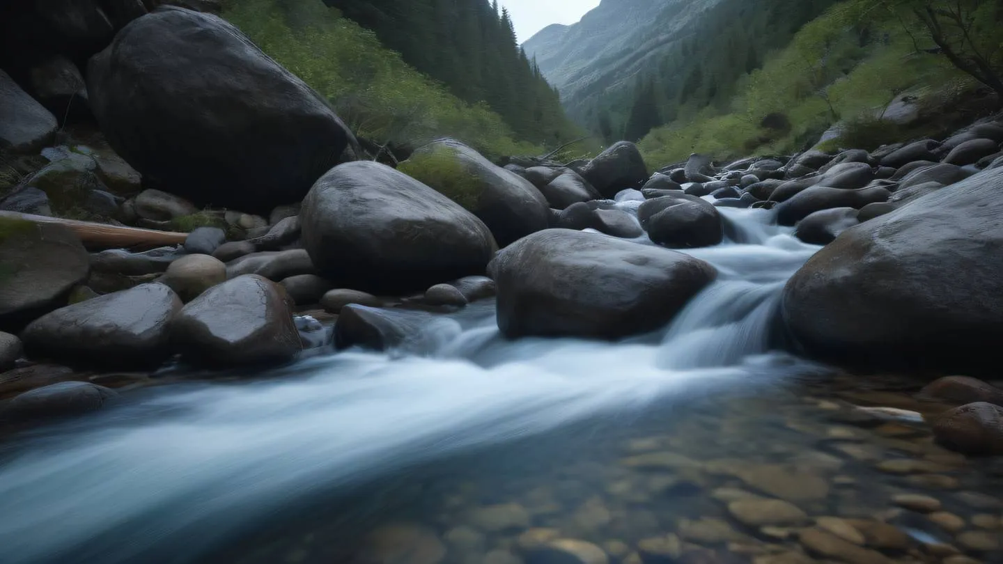 A serene mountain stream cascading over smooth rocks representing flow and persistence - shot from low angle perspective high-quality ultra-realistic cinematic 8K UHD high resolution sharp and detail dark color palette with deep blues and earth tones