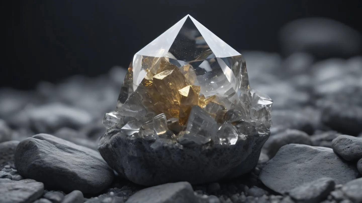 A pristine geometric crystal formation emerging from rough stone symbolizing resilience and persistence - captured from straight on angle with slight upward tilt high-quality ultra-realistic cinematic 8K UHD high resolution sharp and detail black & white tones with subtle golden highlights