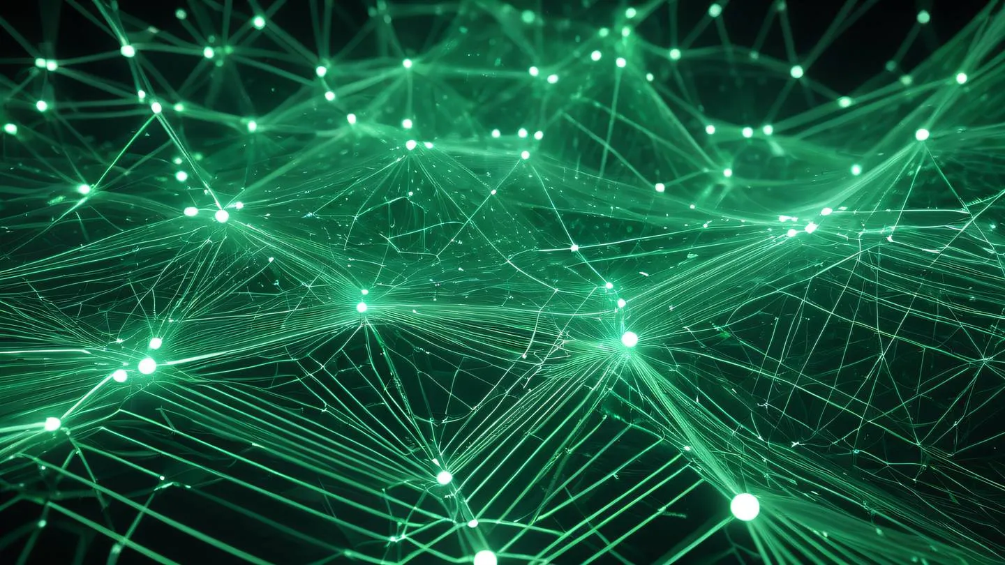 A futuristic abstract network mesh with flowing data streams and interconnected nodes dominant emerald green and white colors geometric patterns suggesting connectivity and data flow view from above high-quality ultra-realistic cinematic 8K UHD high resolution sharp and detail