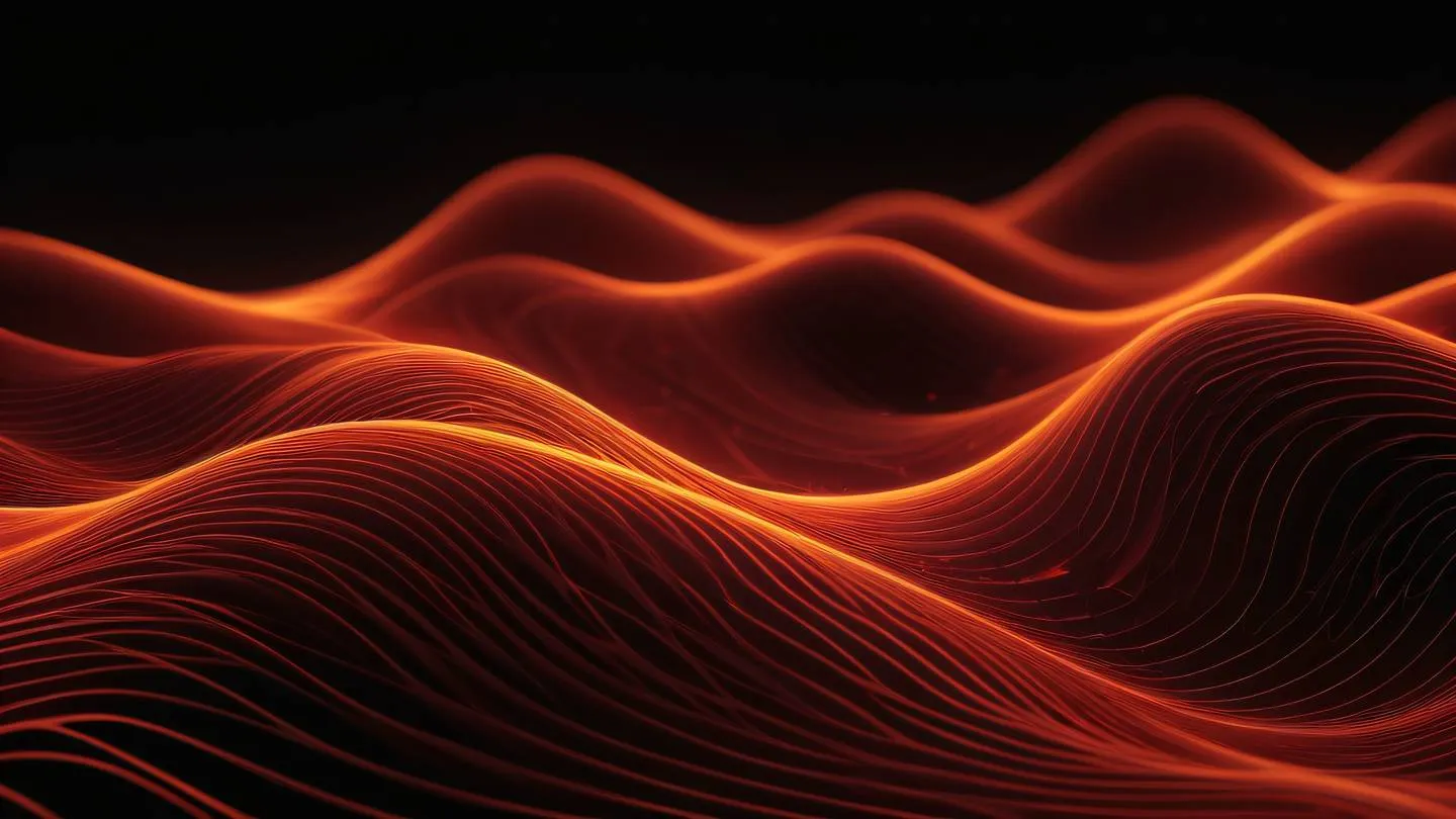 Abstract geometric patterns representing data transmission flowing bold orange and blood red waves against a dark background intersecting lines and curves suggesting digital communication shot from front perspective high-quality ultra-realistic cinematic 8K UHD high resolution sharp and detail