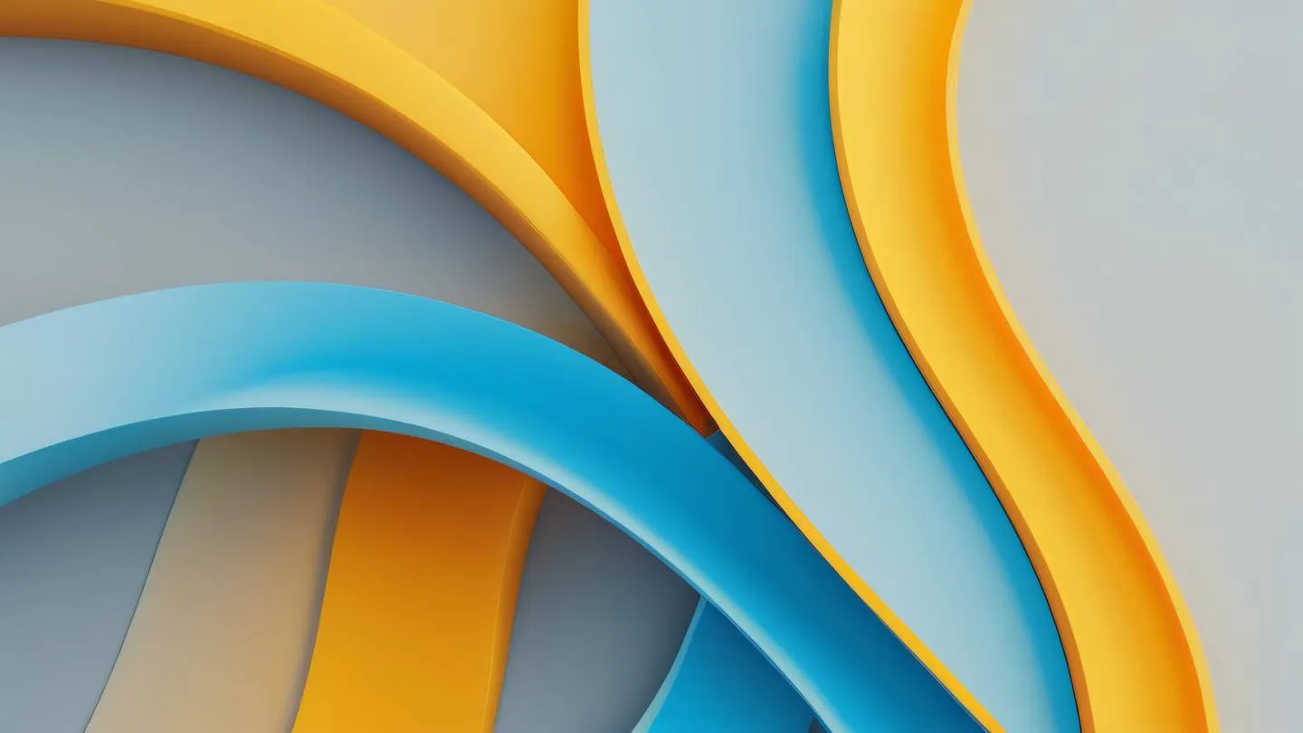 A modern minimalist abstract composition featuring flowing curves and geometric shapes dominated by bright yellow and orange tones with subtle blue accents shot from top-down perspective high-quality ultra-realistic cinematic 8K UHD high resolution sharp and detail