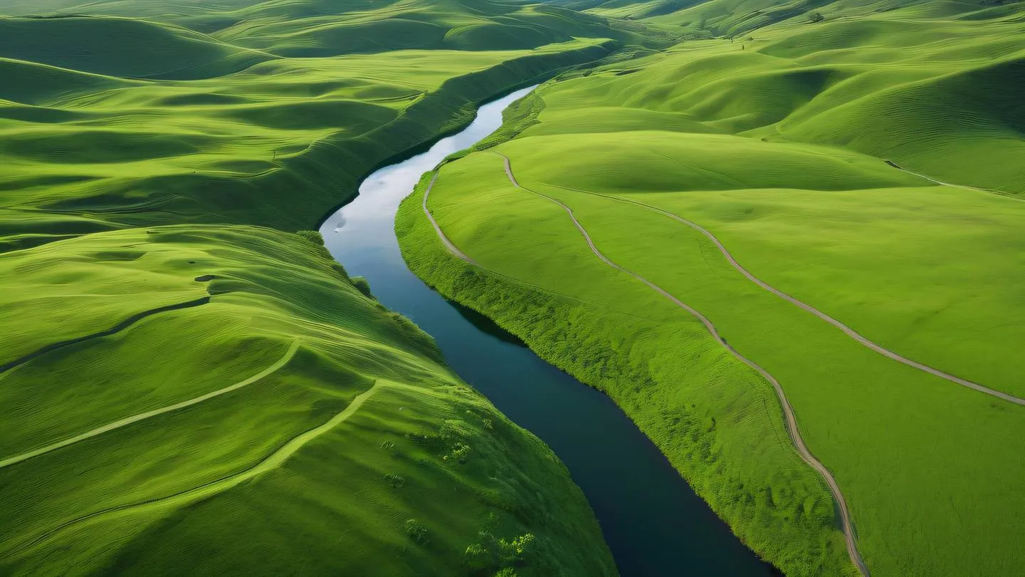 A serene landscape with rolling hills and a meandering river painted in vibrant lime green tones with darker green accents captured from a drone perspective high-quality ultra-realistic cinematic 8K UHD high resolution sharp and detail