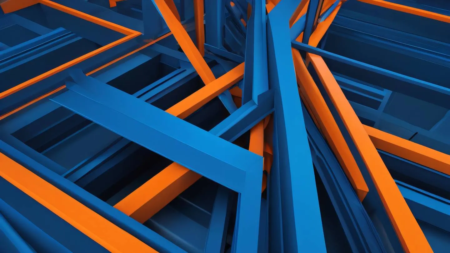 An abstract geometric composition with intersecting planes and sharp angles featuring bright orange as the dominant color with contrasting blue elements viewed from an isometric angle high-quality ultra-realistic cinematic 8K UHD high resolution sharp and detail