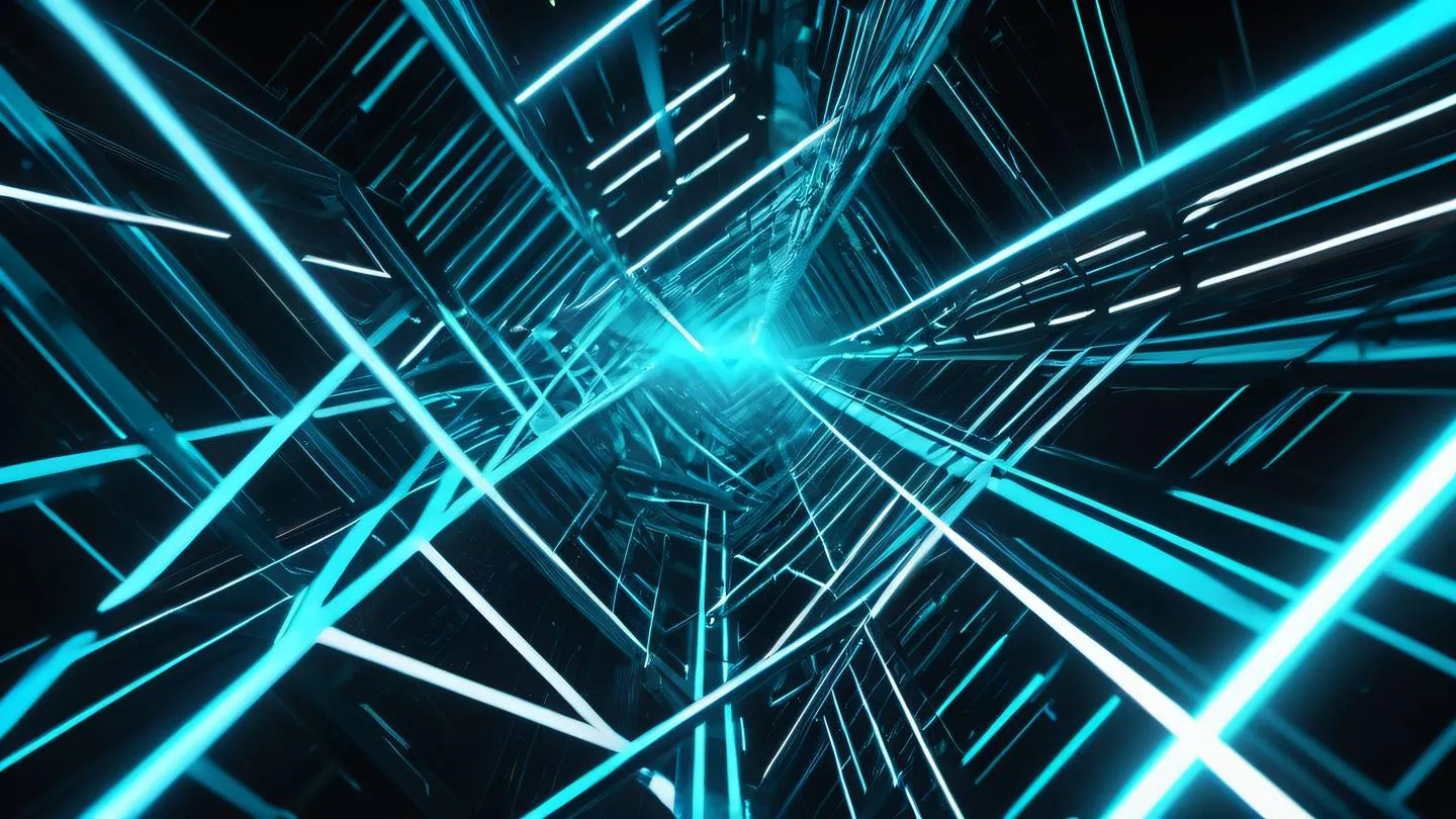 A futuristic network of glowing cyan and white light streams flowing through abstract black geometric shapes captured from a top-down perspective with dynamic motion blur high-quality ultra-realistic cinematic 8K UHD high resolution sharp and detail