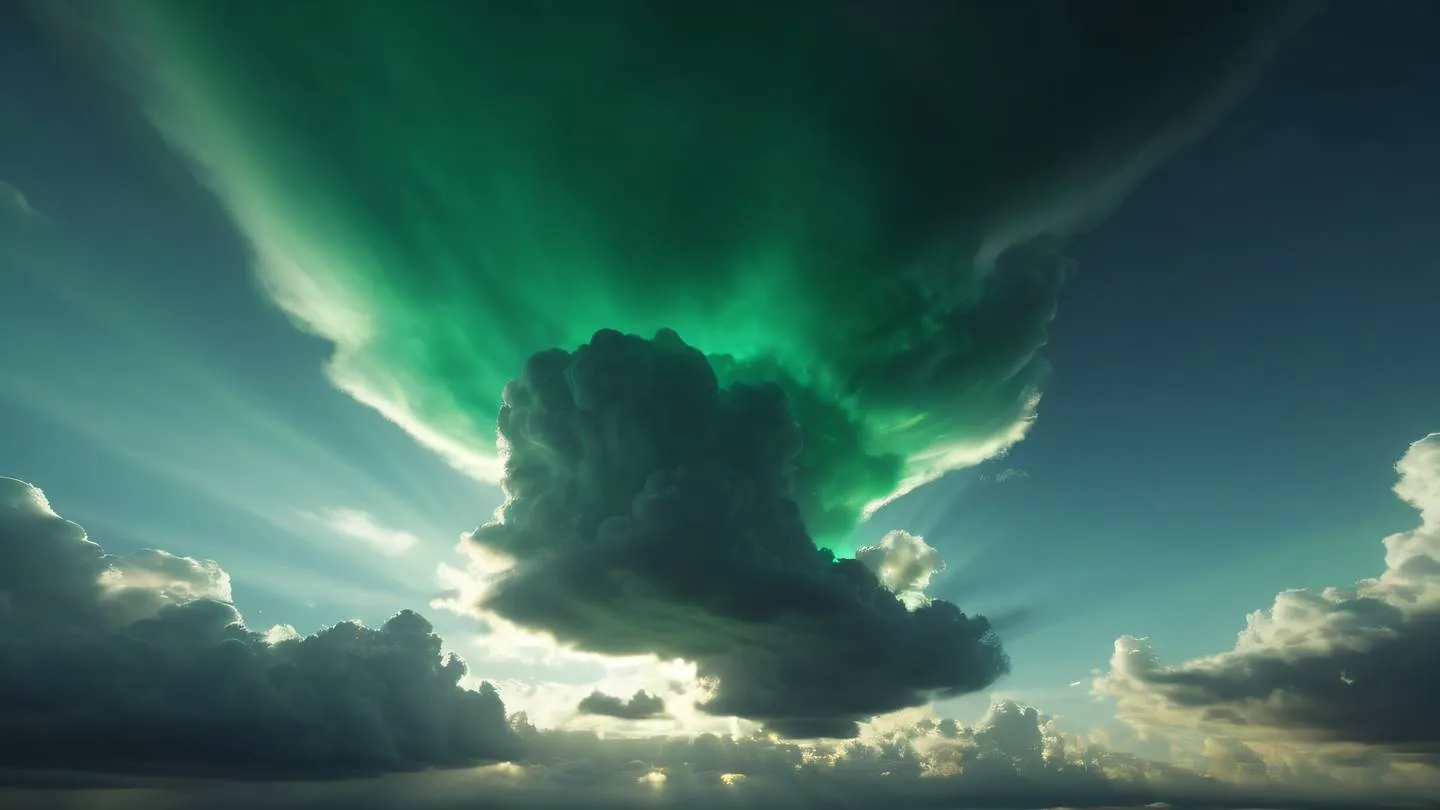 Abstract floating cloud formations in bright emerald green and charcoal black with streaming rays of sunlight cutting through shot from a low angle perspective high-quality ultra-realistic cinematic 8K UHD high resolution sharp and detail