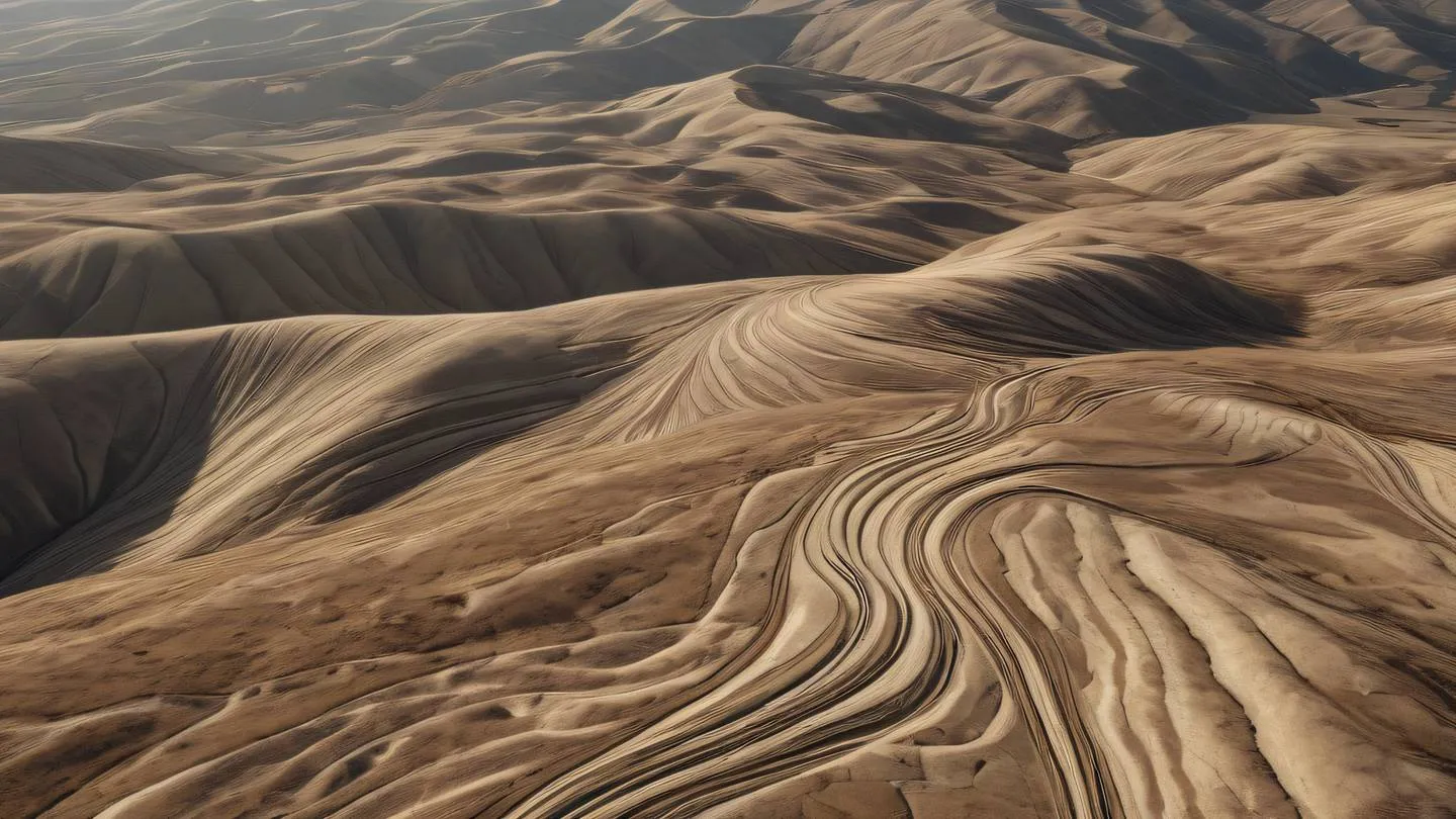 Minimalist terrain landscape with rolling hills in contemporary brown and cream tones aerial perspective showing natural flowing patterns high-quality ultra-realistic cinematic 8K UHD high resolution sharp and detail