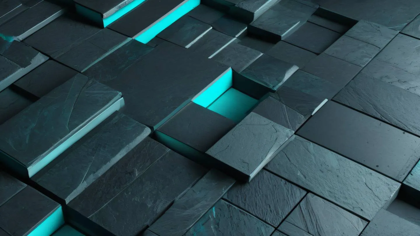 Modern abstract geometric shapes in slate grey and bright turquoise floating in space captured from a diagonal three-quarter view angle high-quality ultra-realistic cinematic 8K UHD high resolution sharp and detail