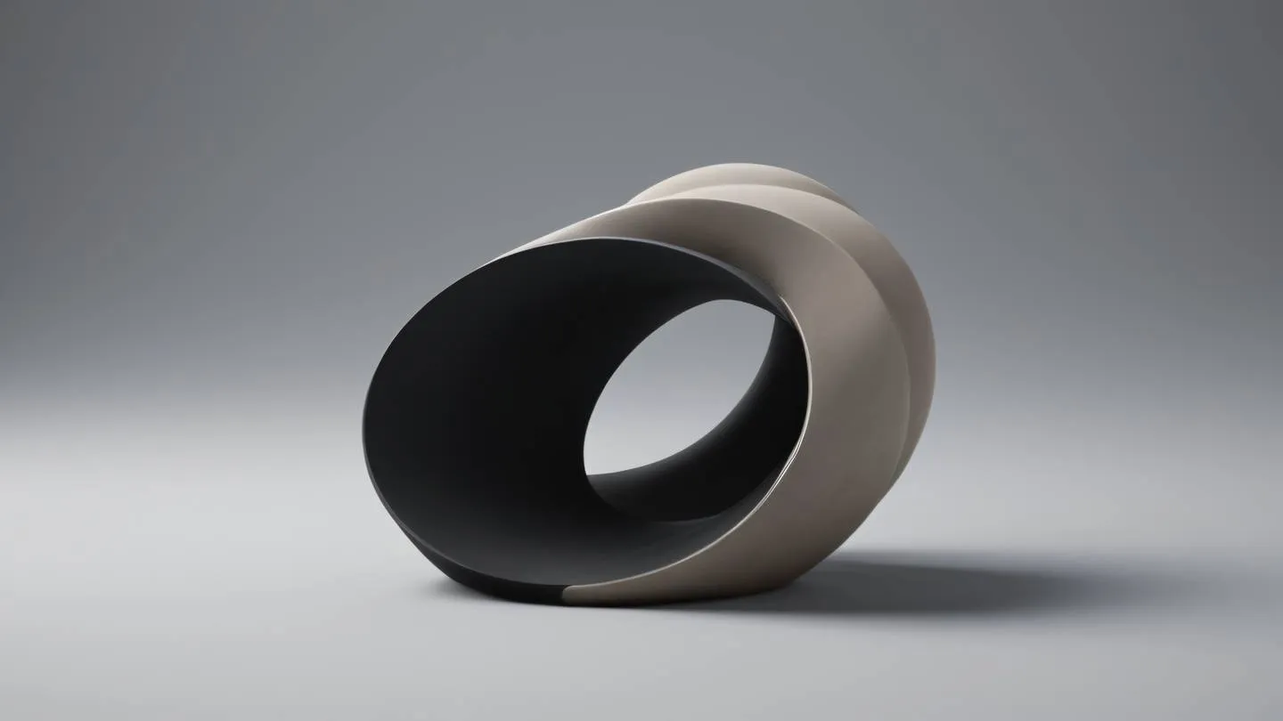 Minimalist geometric sculpture made of smooth clay in October mist and black colors featuring interconnected circular forms representing connection and communication. Shot from three-quarter view angle high-quality ultra-realistic cinematic 8K UHD high resolution sharp and detail