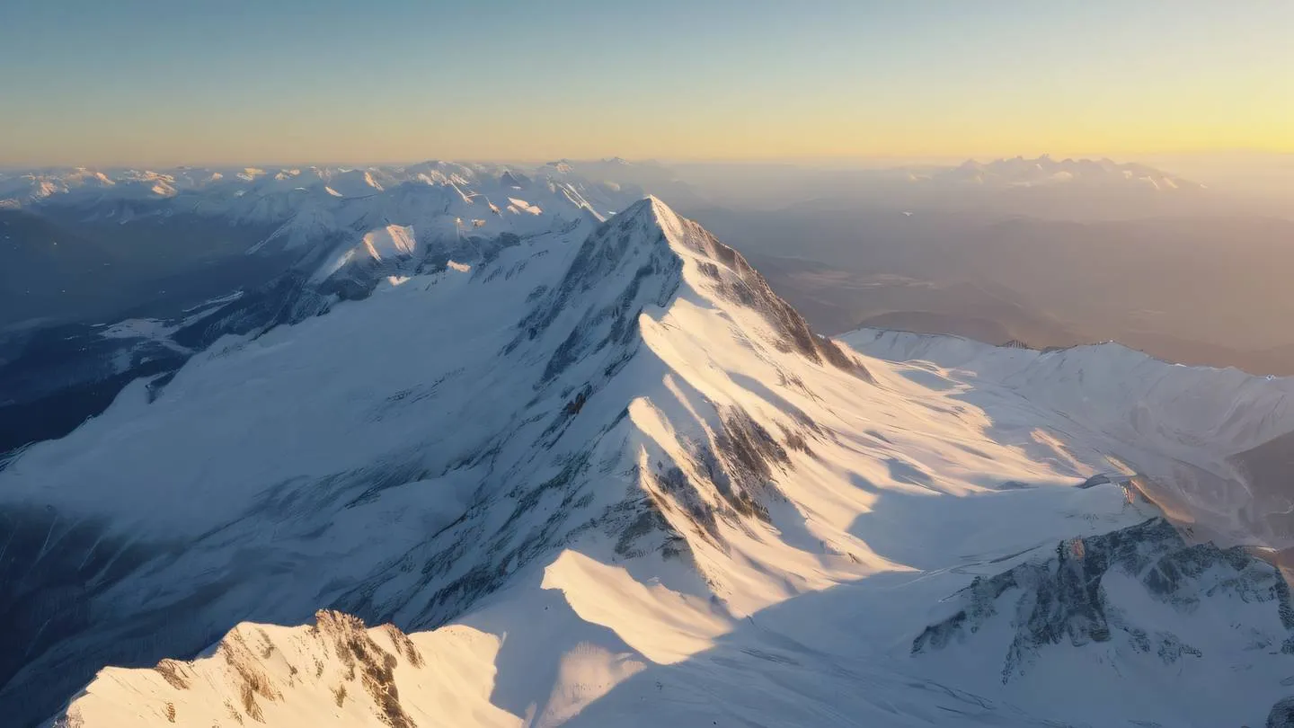 Majestic snow-covered mountain peaks under bright yellow morning sky with wispy clouds. Captured from aerial perspective high-quality ultra-realistic cinematic 8K UHD high resolution sharp and detail