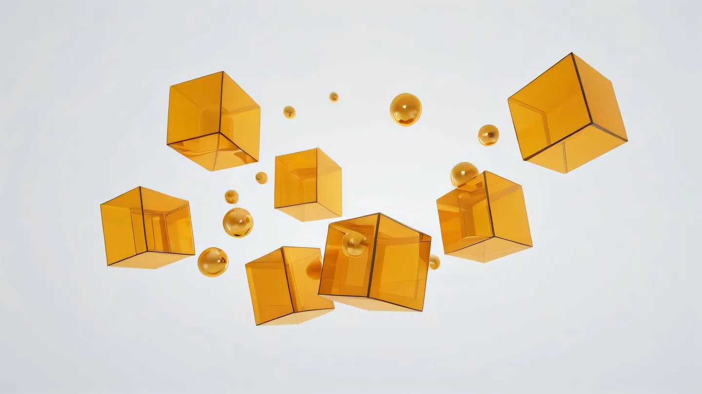 A minimal geometric abstract composition featuring floating cubes and spheres in bright amber and golden tones against a clean white background shot from a low angle perspective with dramatic lighting high-quality ultra-realistic cinematic 8K UHD high resolution sharp and detail