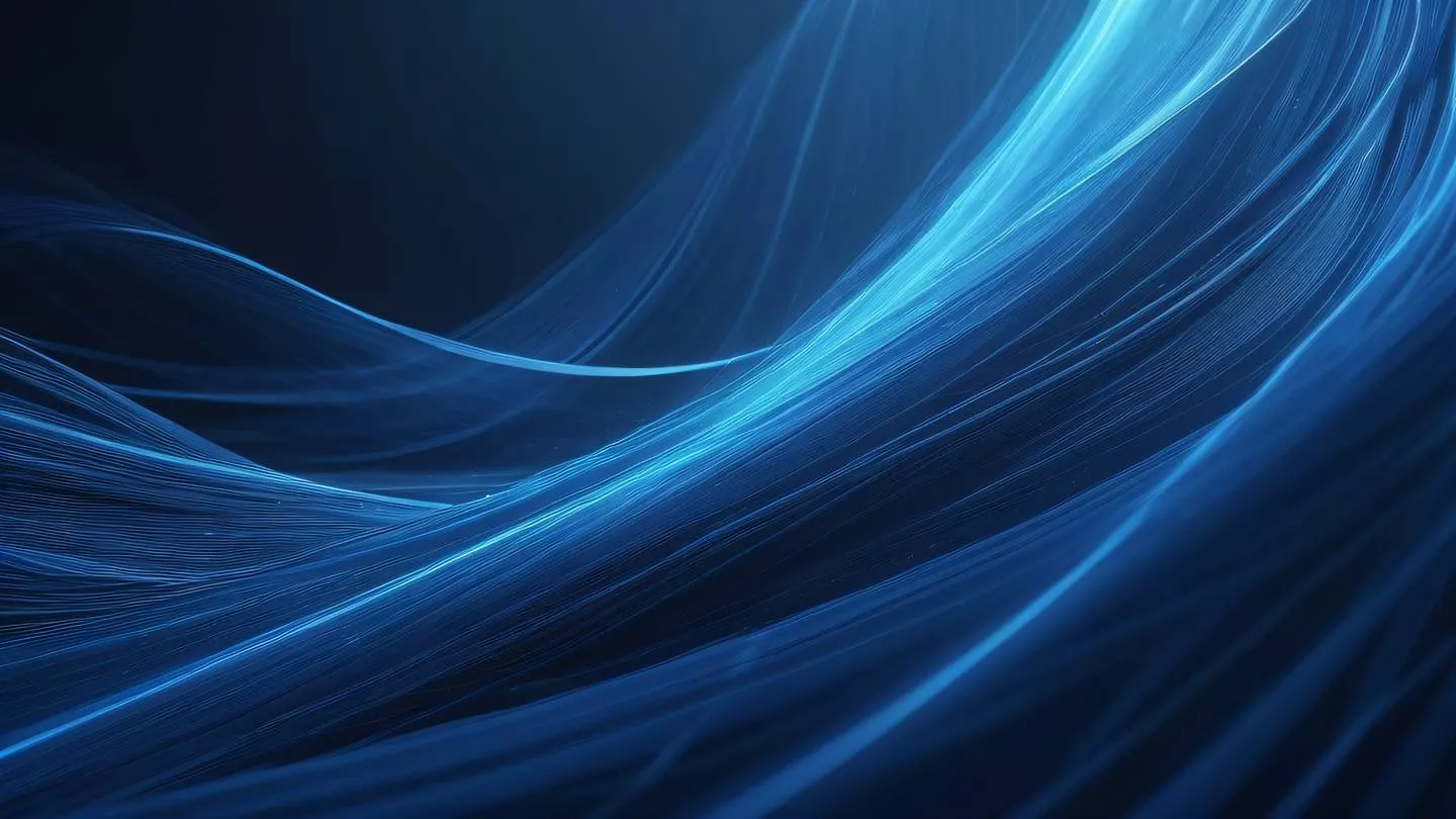 A serene landscape of data streams visualized as flowing ribbons in indigo and bright blue tones moving through an ethereal space captured from a diagonal perspective high-quality ultra-realistic cinematic 8K UHD high resolution sharp and detail