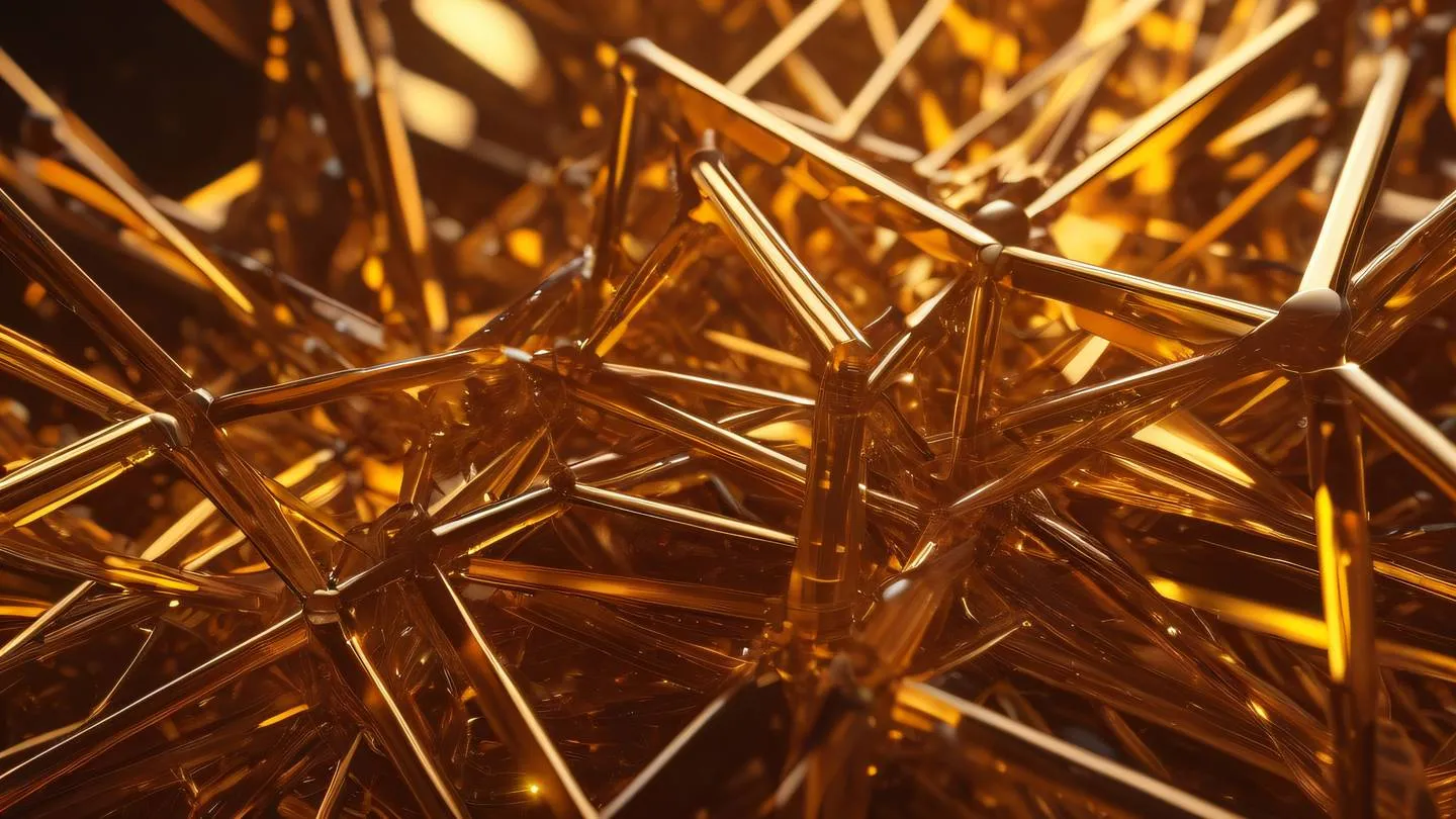 A dynamic composition of interconnected crystalline structures in bright amber and contemporary brown tones reflecting light and creating depth photographed from a straight-on perspective with slight upward tilt high-quality ultra-realistic cinematic 8K UHD high resolution sharp and detail