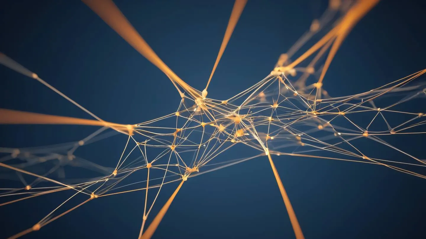 Abstract visualization of interconnected nodes forming a mesh network with flowing light trails in creamy white and soft orange colors against a minimalist blue background shot from a bird's eye view high-quality ultra-realistic cinematic 8K UHD high resolution sharp and detail