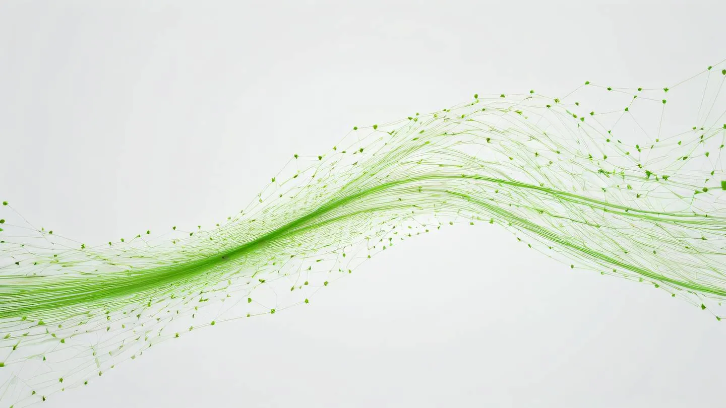 A geometric pattern of connecting lines and dots representing data flow rendered in bright green and amber colors against a clean white background photographed from a 45-degree angle high-quality ultra-realistic cinematic 8K UHD high resolution sharp and detail