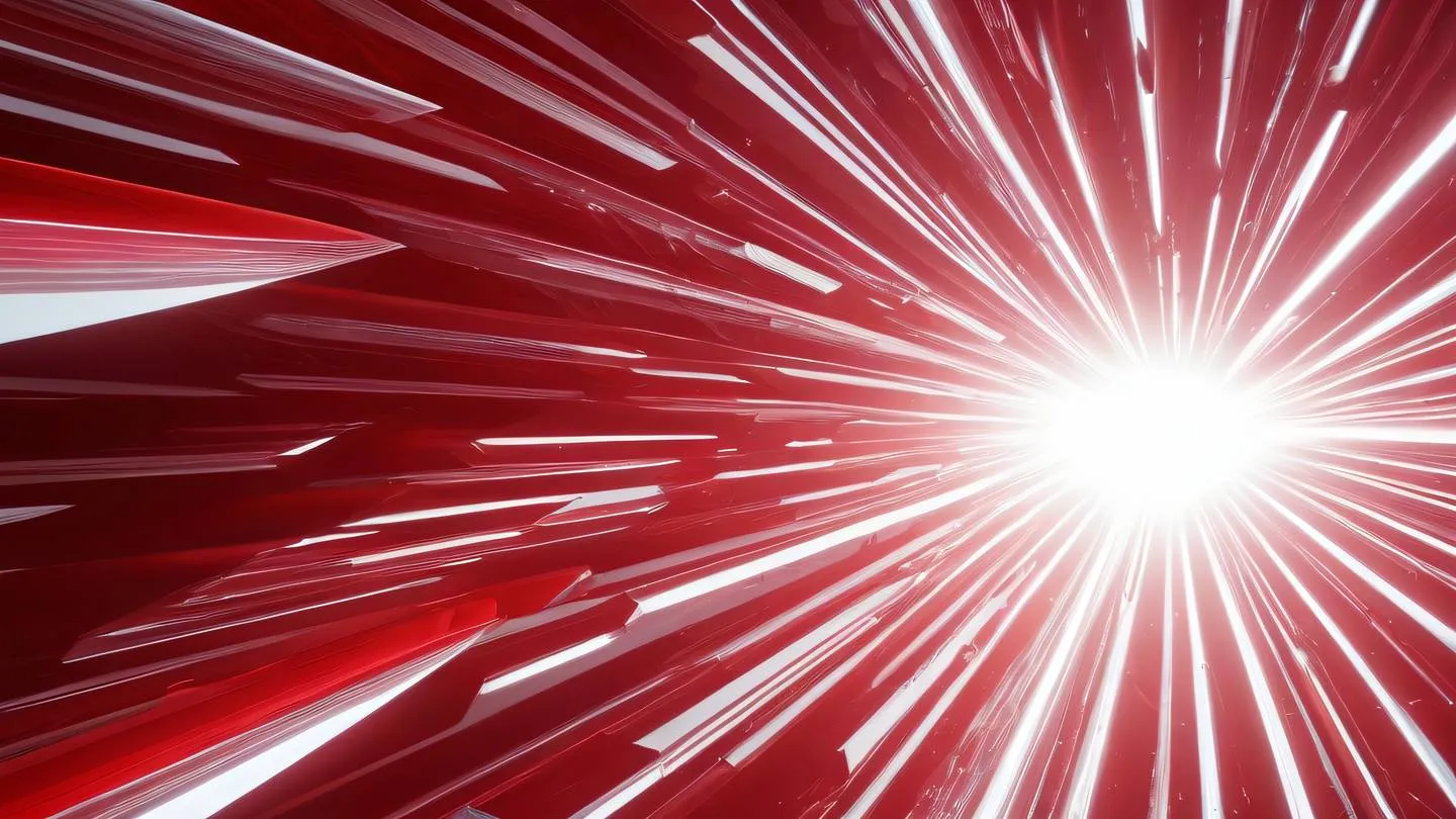 Abstract light rays piercing through crystalline structures featuring bright red and white color combination captured from a low angle perspective with upward lighting high-quality ultra-realistic cinematic 8K UHD high resolution sharp and detail