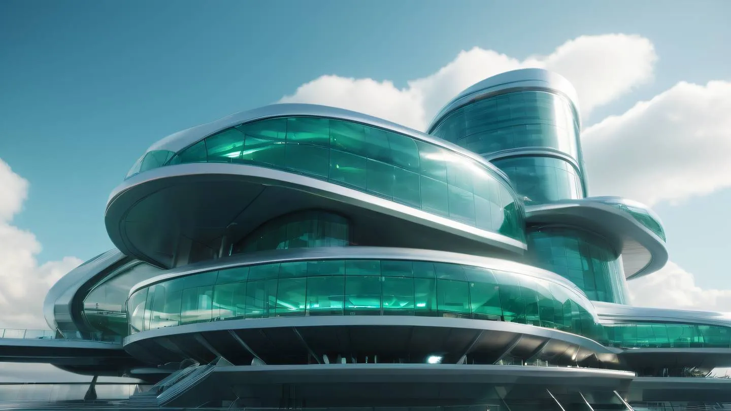 A futuristic glass building reflecting clouds and sunlight featuring sleek curves and floating platforms shot from a low angle perspective emerald and silver color scheme high-quality ultra-realistic cinematic 8K UHD high resolution sharp and detail