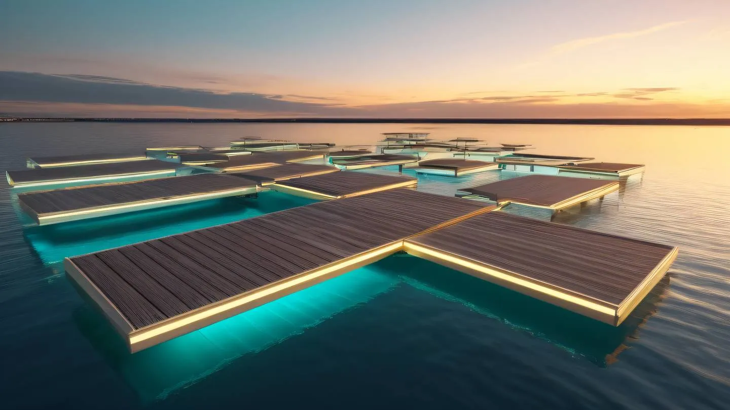 Landscape view of interconnected floating platforms in a sunset sky bright pale gold and cyan colors wide angle shot high-quality ultra-realistic cinematic 8K UHD high resolution sharp and detail