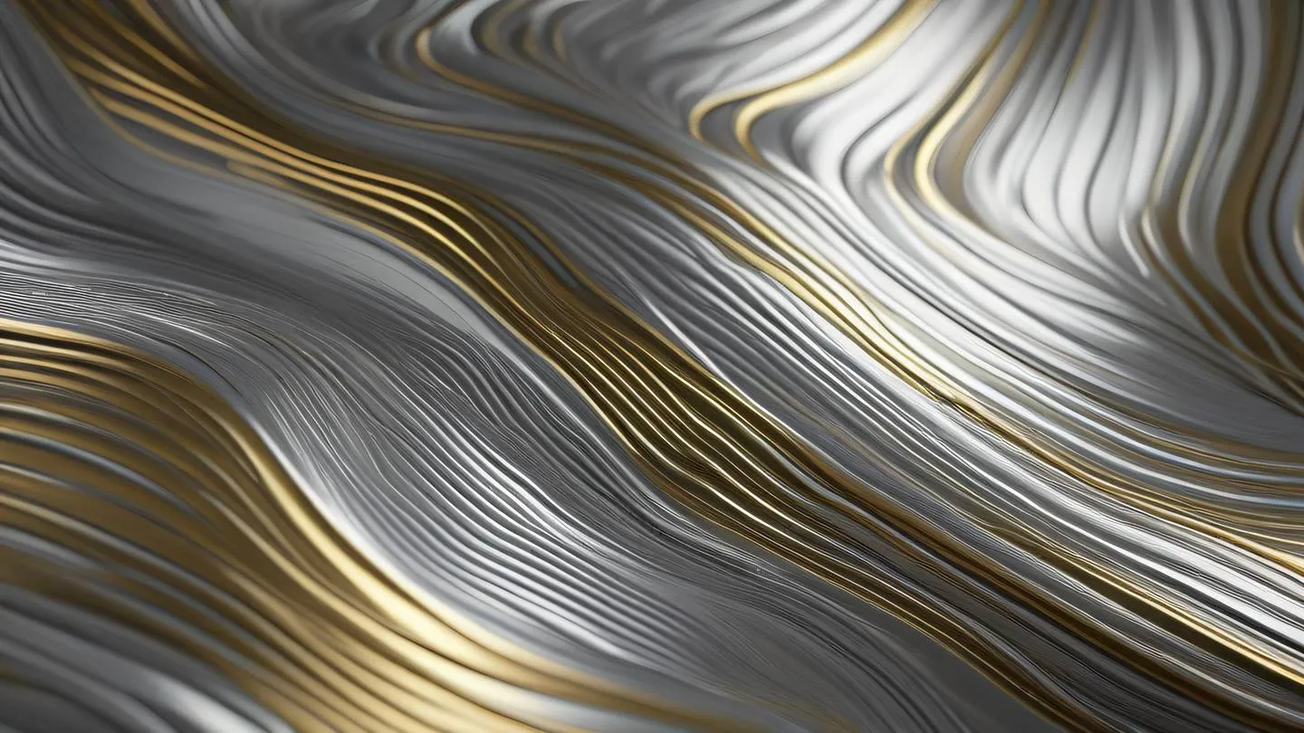 Geometric abstract pattern with interconnected flowing lines in metallic silver and gold colors capturing light reflections shot from a 45-degree angle high-quality ultra-realistic cinematic 8K UHD high resolution sharp and detail