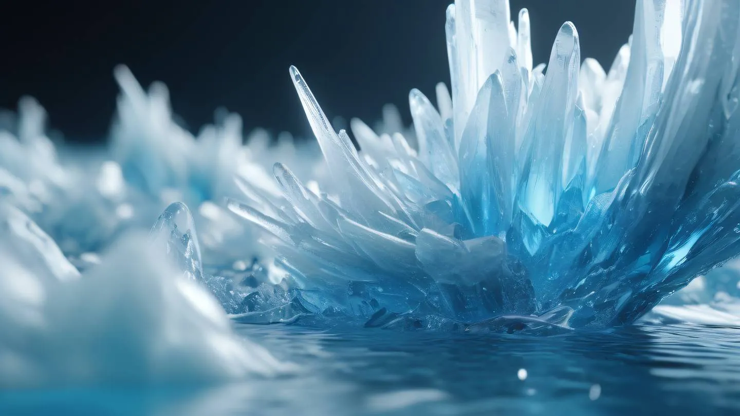 Abstract crystalline structures with flowing water-like elements in bright white and electric blue colors photographed from an extreme close-up macro perspective high-quality ultra-realistic cinematic 8K UHD high resolution sharp and detail