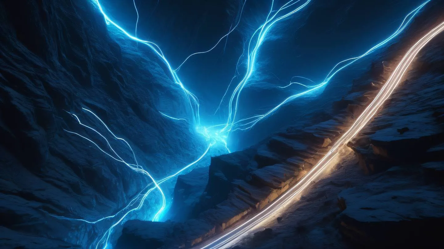 Aerial view of streaming data visualized as flowing light trails through a crystalline canyon electric neon blue and bright white energy streams captured from directly above high-quality ultra-realistic cinematic 8K UHD high resolution sharp and detail