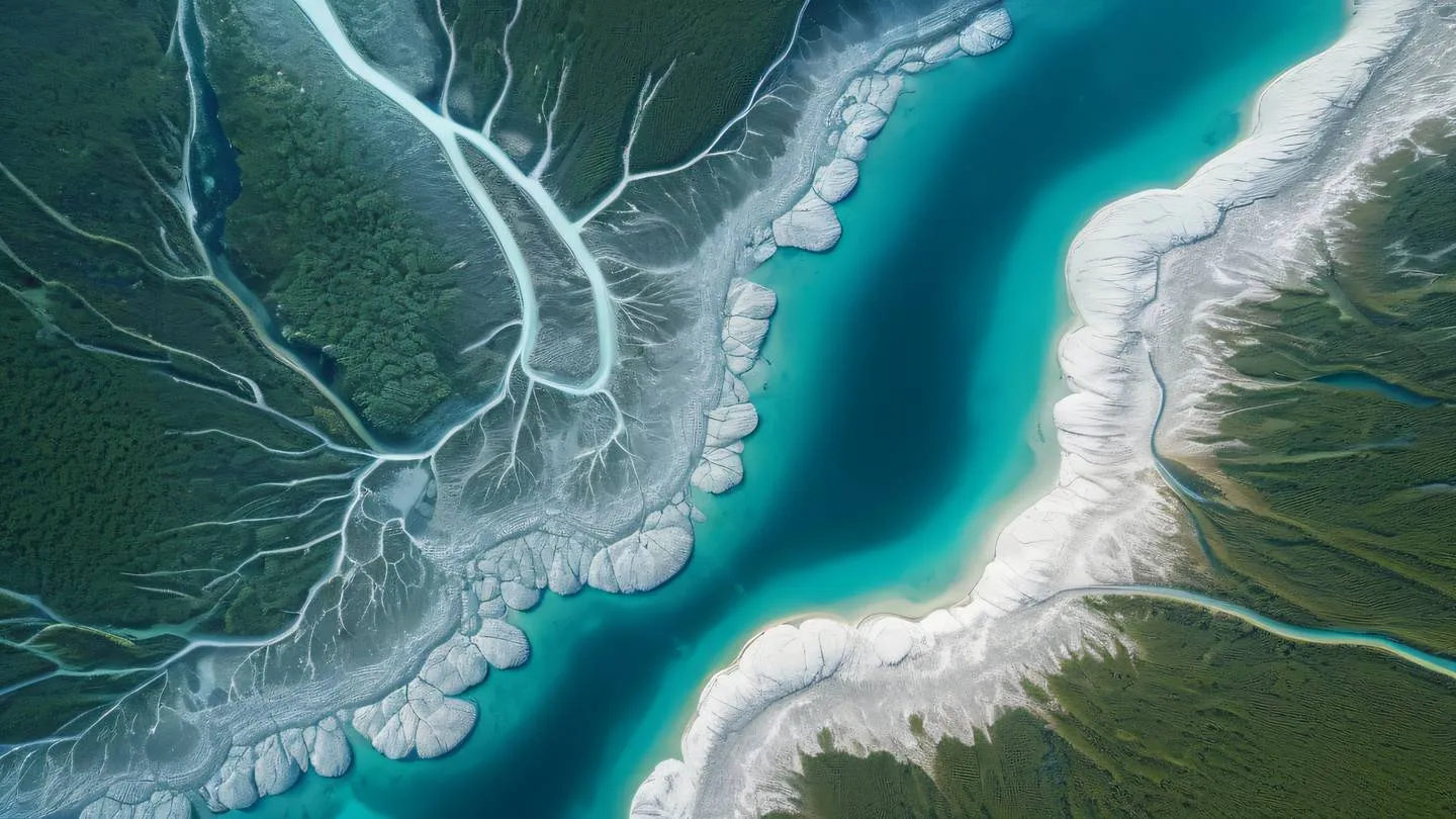 Abstract aerial photograph of a winding river delta system viewed from above with crystalline formations in bright gem-like turquoise and white colors dramatic shadows captured from high altitude high-quality ultra-realistic cinematic 8K UHD high resolution sharp and detail