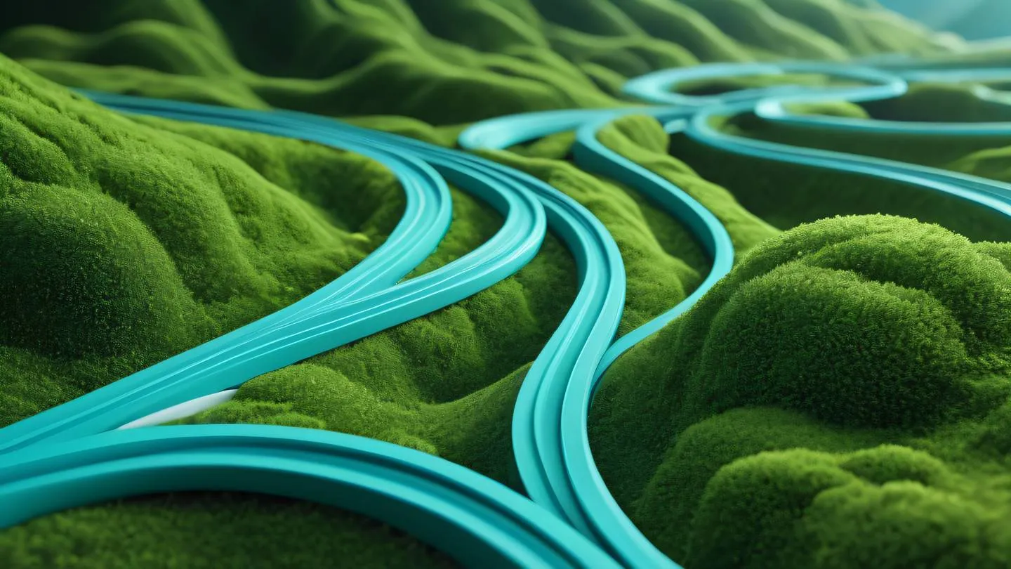 A modern abstract 3D geometric composition with flowing curved shapes resembling navigation paths rendered in turquoise blue and fresh moss green colors flowing from left to right captured from a three-quarter view angle high-quality ultra-realistic cinematic 8K UHD high resolution sharp and detail