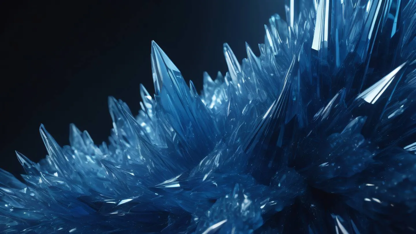 Flowing crystalline structures in motion rendered in sapphire blue and indigo viewed from a dramatic low angle high-quality ultra-realistic cinematic 8K UHD high resolution sharp and detail