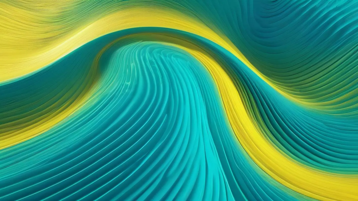 Dynamic geometric waves and curves in motion rendered in bright turquoise and sunshine yellow captured from a bird's eye view high-quality ultra-realistic cinematic 8K UHD high resolution sharp and detail