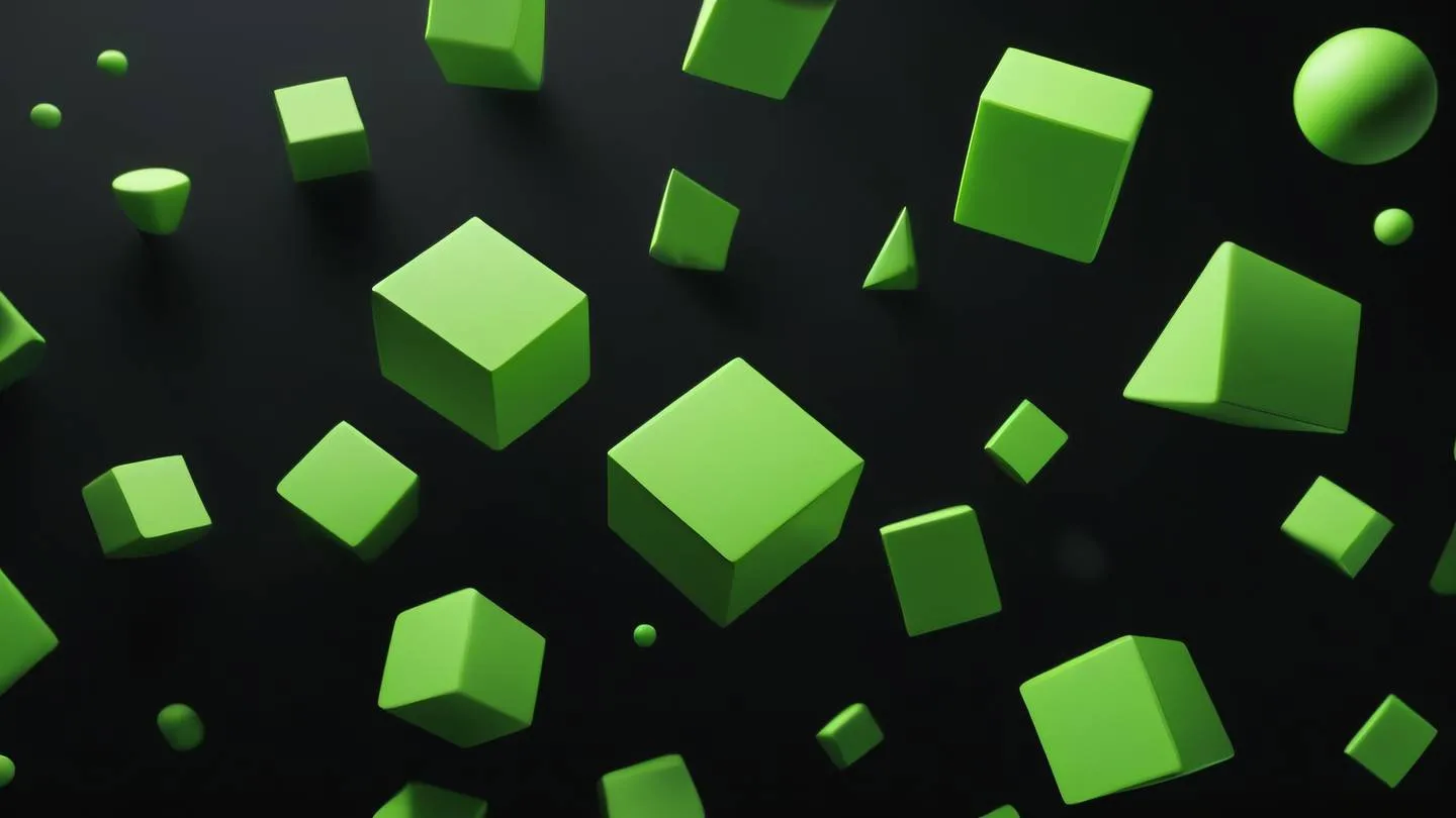 Abstract floating geometric shapes with smooth transitions and flowing lines rendered in bright lime green and crisp white against deep black background ultra-realistic cinematic quality overhead drone view 8K resolution sharp details high contrast