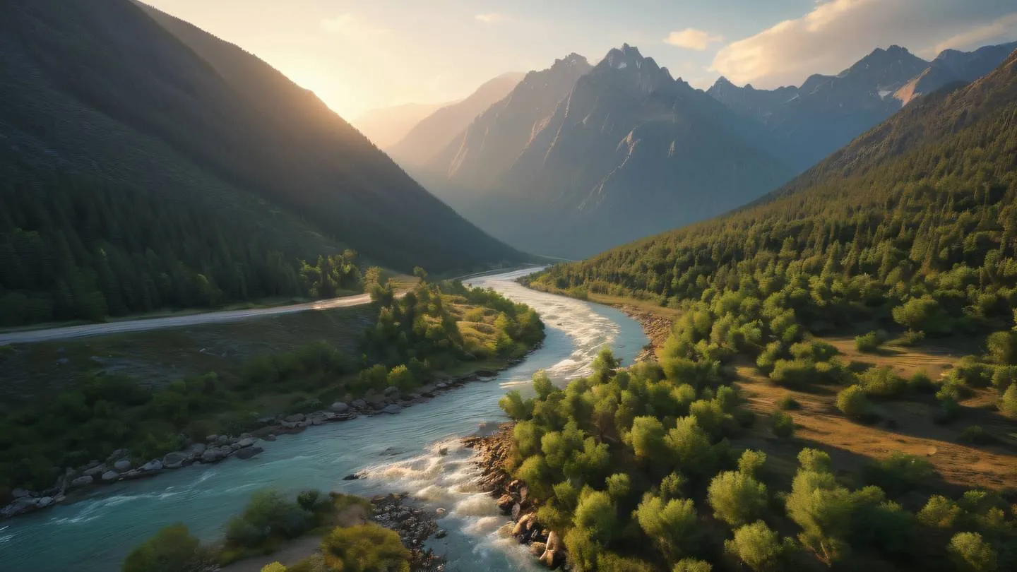 Smooth flowing river cutting through rocky mountains illuminated by golden sunset sage and pine green vegetation covering slopes dramatic aerial perspective ultra-realistic National Geographic style 8K UHD high resolution