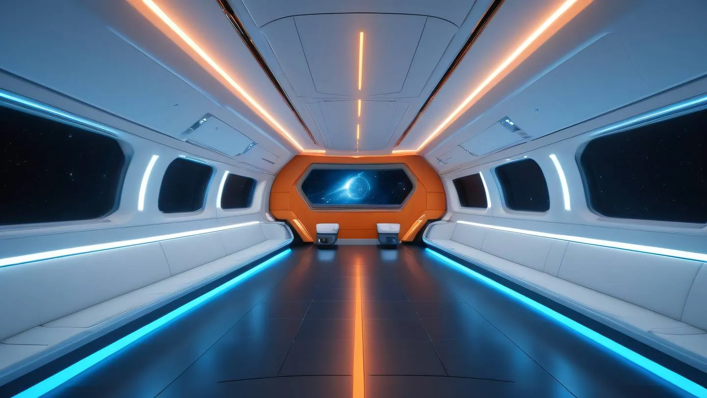 Modern minimalist spaceship interior with sleek curves and clean lines bright orange and electric blue accent lighting against white walls ultra-wide angle view cinematic quality 8K resolution sharp details