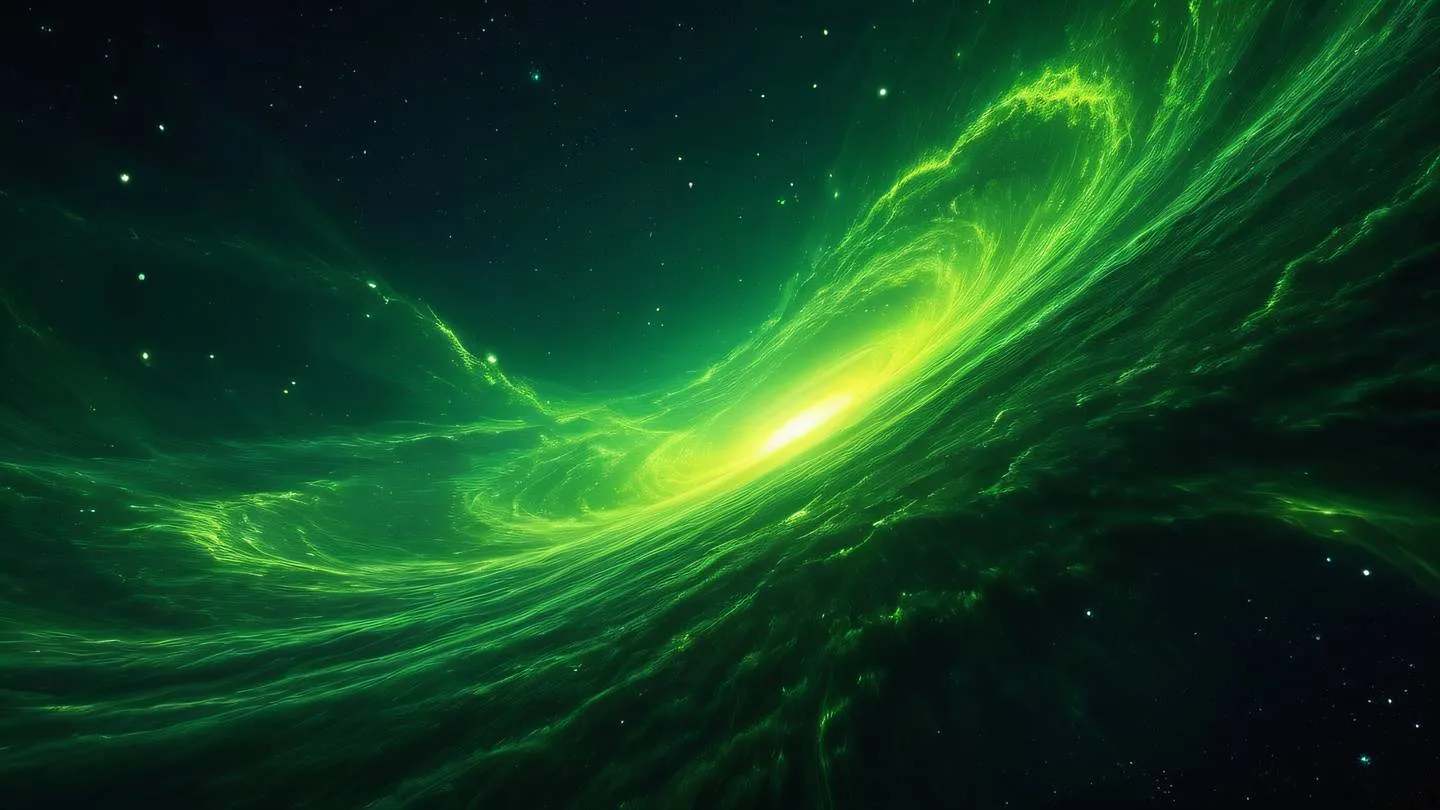 Abstract cosmic nebula with swirling patterns of neon green and bright yellow energy waves against dark background looking upward from below ultra-realistic space art style 8K UHD high resolution sharp detail