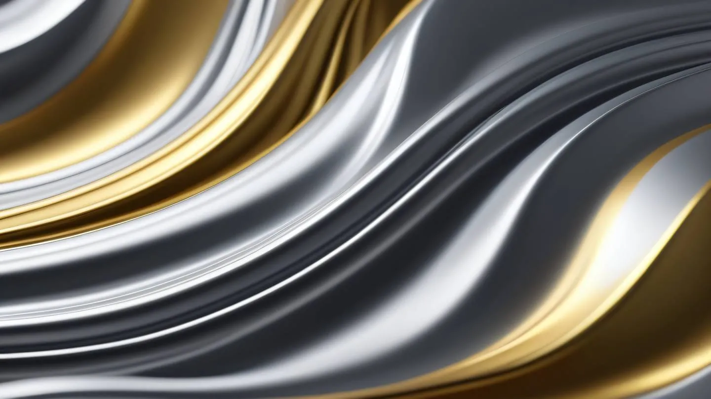 Smooth metallic silver and gold gradient waves flowing in continuous motion captured from side angle featuring reflective surfaces and dynamic movement high-quality ultra-realistic cinematic 8K UHD high resolution sharp and detail