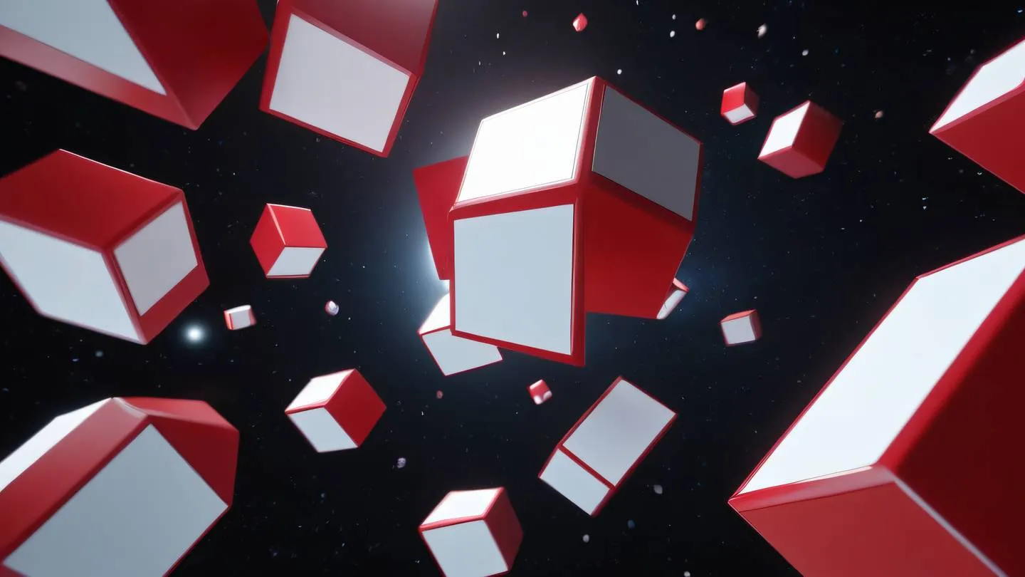 Bright red and white geometric shapes floating in space creating an abstract composition of motion and energy shot from a low angle perspective high-quality ultra-realistic cinematic 8K UHD high resolution sharp and detail