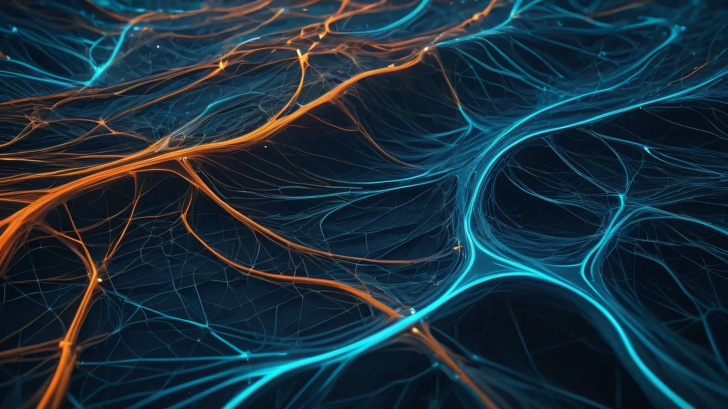 An abstract representation of interconnected nodes and pathways flowing smoothly like a digital river dominated by vibrant blue and orange tones with subtle green accents captured from a dynamic side angle high-quality ultra-realistic cinematic 8K UHD high resolution sharp and detail