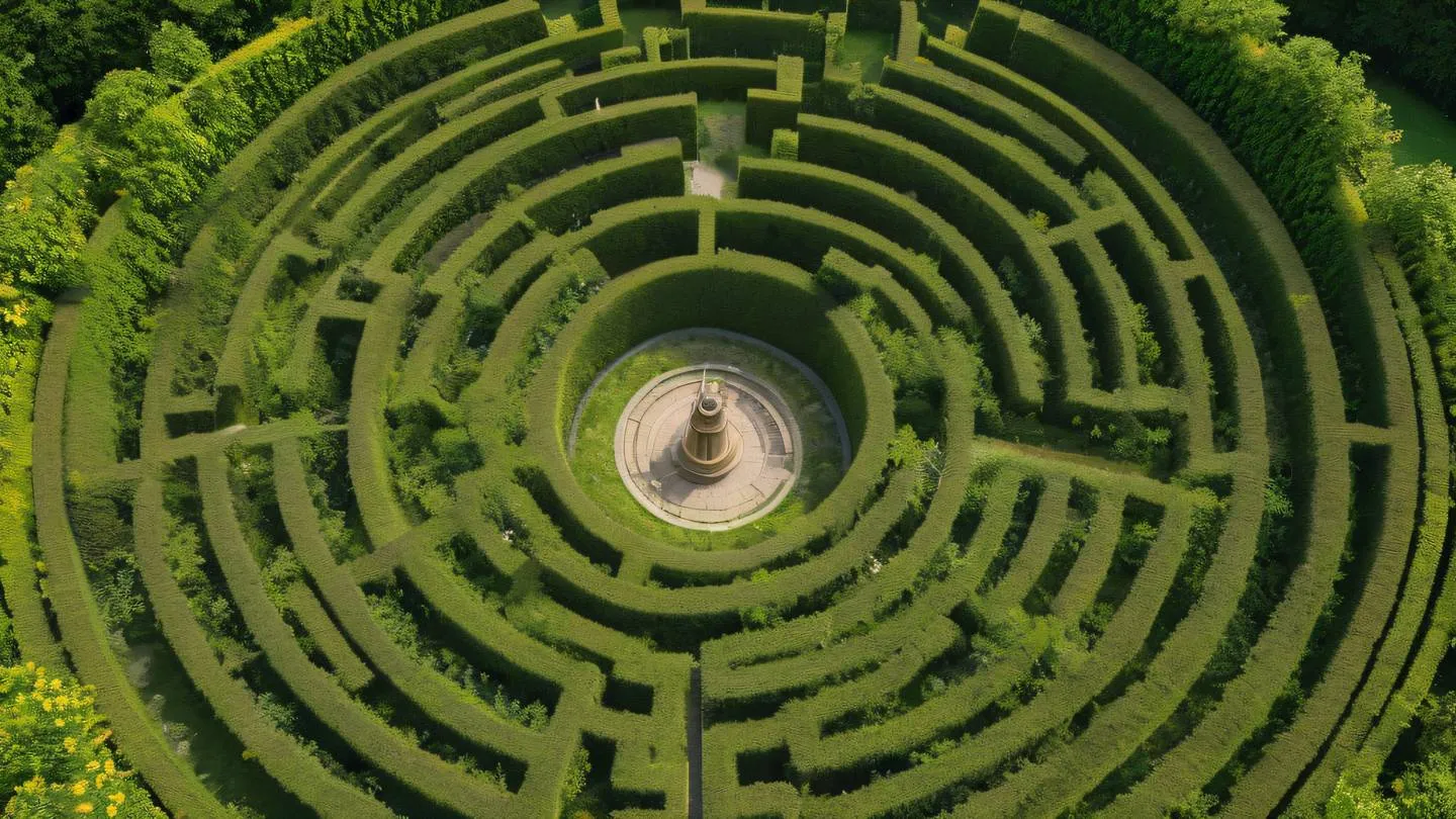 A serene garden maze pattern viewed from a bird's eye perspective with winding pathways representing connected states featuring bright green hedges and rich brown earth paths with touches of yellow flowers high-quality ultra-realistic cinematic 8K UHD high resolution sharp and detail