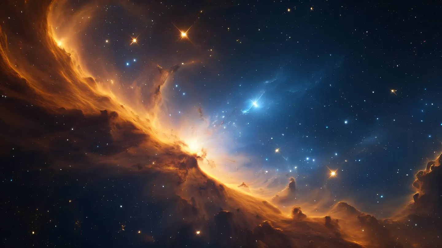 A celestial space scene with flowing nebula patterns and interconnected star systems featuring bright amber and deep blue colors with touches of warm yellow captured from an epic wide angle perspective high-quality ultra-realistic cinematic 8K UHD high resolution sharp and detail