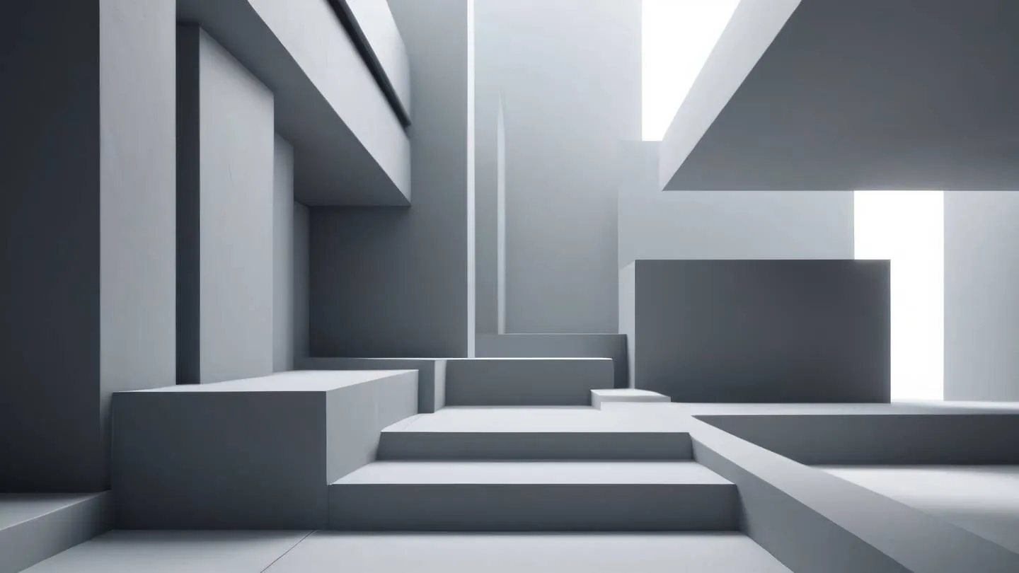 Abstract architectural composition with floating minimal grey geometric shapes against a bright backdrop clean lines and sharp shadows modern and sophisticated feel high-quality ultra-realistic cinematic 8K UHD high resolution sharp and detail shot from a wide angle perspective