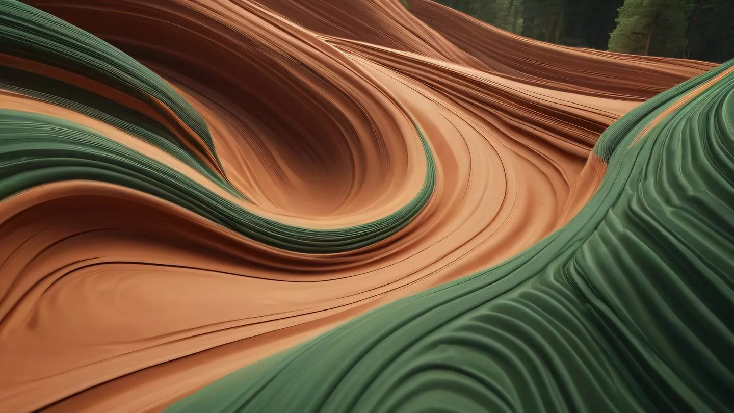 Organic flowing curves and lines representing motion and energy with rustic terracotta and forest green colors viewed from a diagonal perspective high-quality ultra-realistic cinematic 8K UHD high resolution sharp and detail