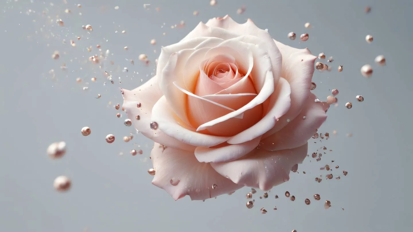 A dynamic composition of floating elements and particles in motion featuring rose and off-white color palette captured from a close-up macro perspective high-quality ultra-realistic cinematic 8K UHD high resolution sharp and detail